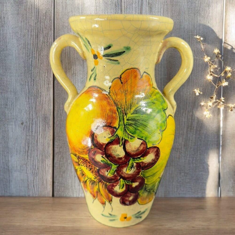 Venetian Italian Pottery Vase Jug With Handles Crackled Glaze Fruit Vegetable